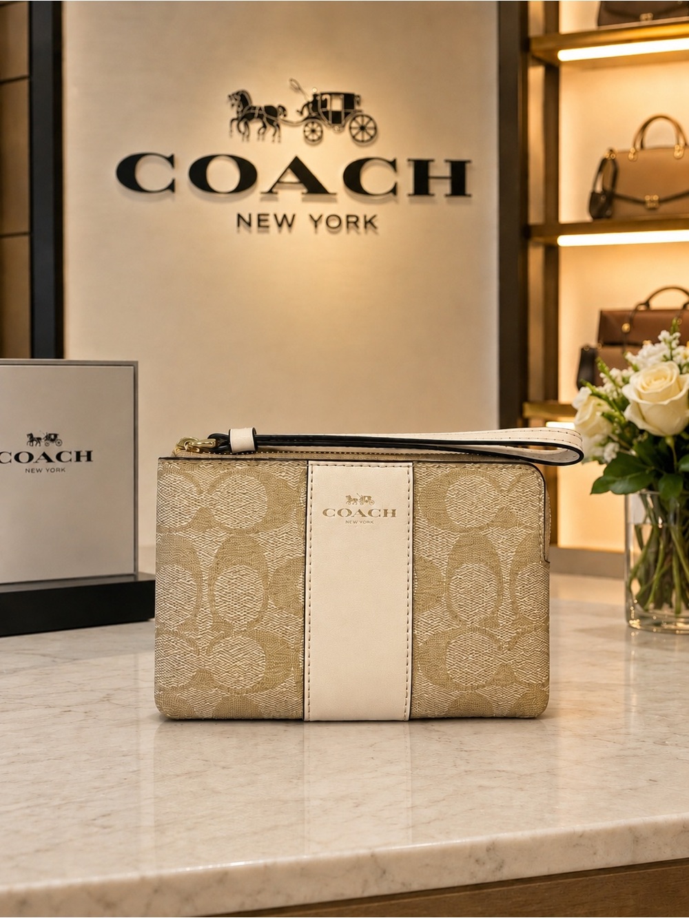Coach Corner Zip Wristlet In Signature Tan Canvas With White Stripe NWOT